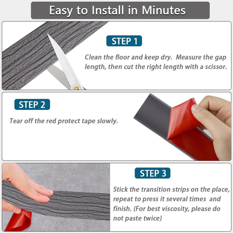 LSGCQ Floor Transition Strip 2"" Self Adhesive Flat Vinyl Flooring Transitions Strip with Strong Backing Wood Grain 5cm, 10FT, Deep Grey - Image 2